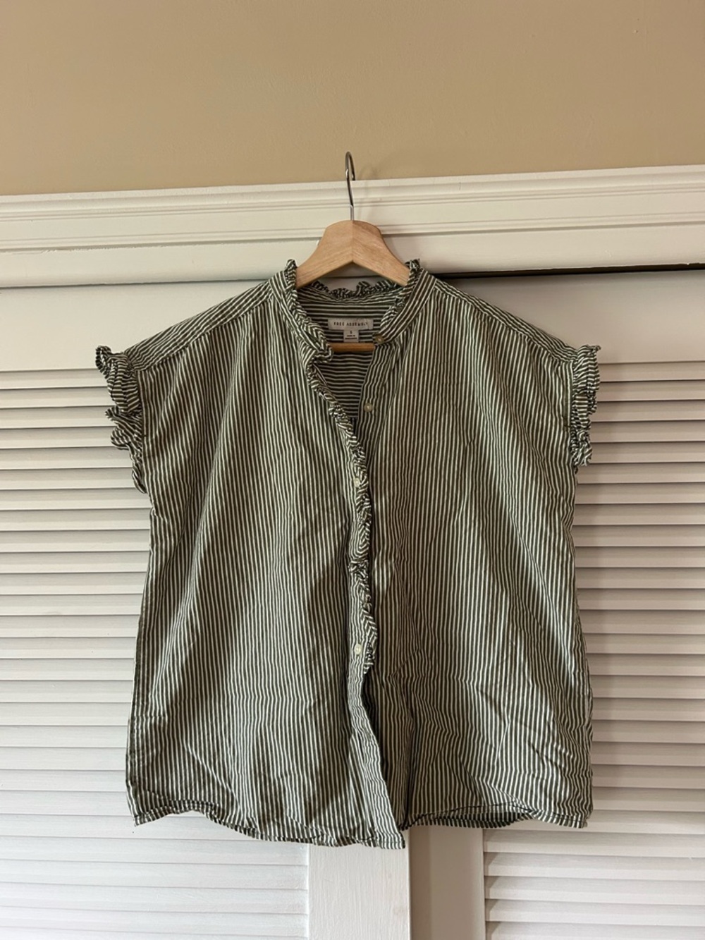 Green and White Striped Ruffle-Sleeve Button Front Blouse